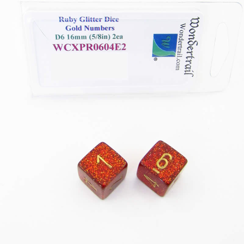 WCXPR0604E2 Ruby Glitter Dice Gold Numbers D6 16mm (5/8in) Pack of 2 Main Image