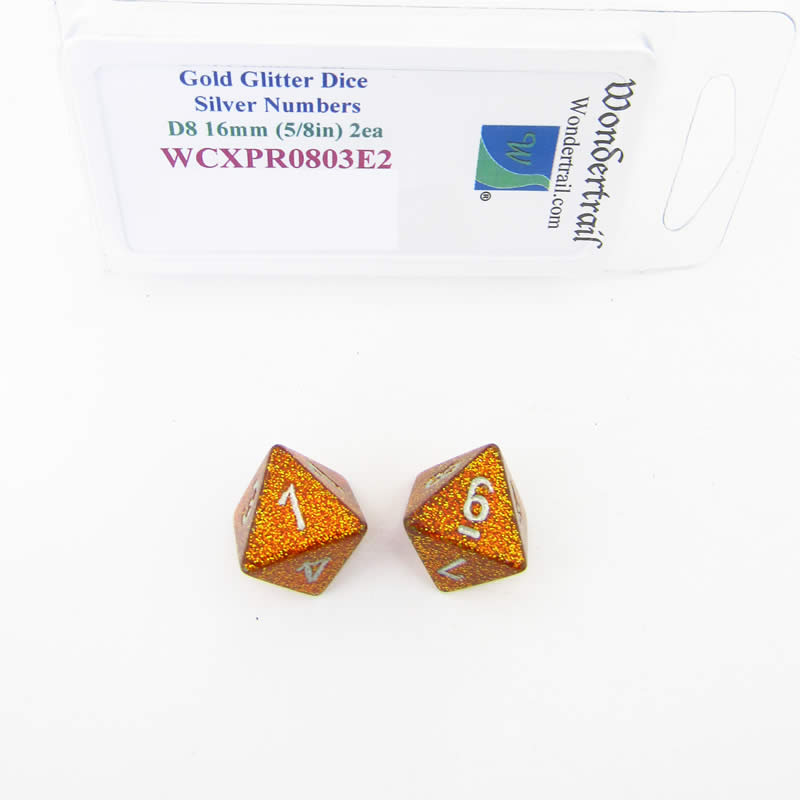 WCXPR0803E2 Gold Glitter Dice Silver Numbers D8 16mm (5/8in) Pack of 2 Main Image