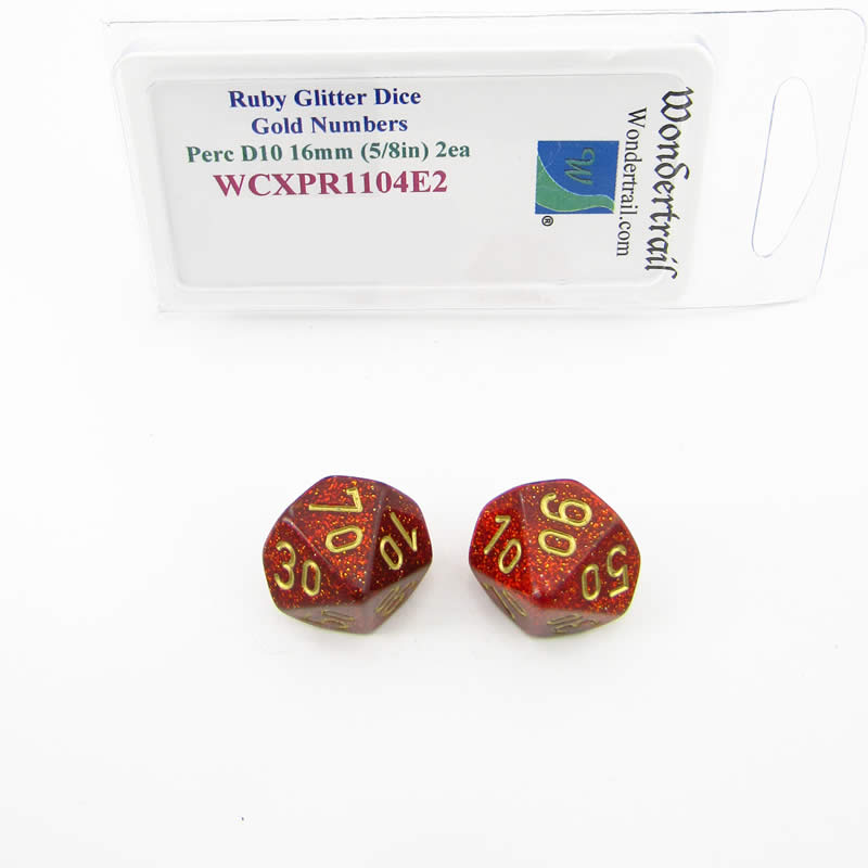 WCXPR1104E2 Ruby Glitter Dice Gold Numbers 10s D10 16mm Pack of 2 Main Image