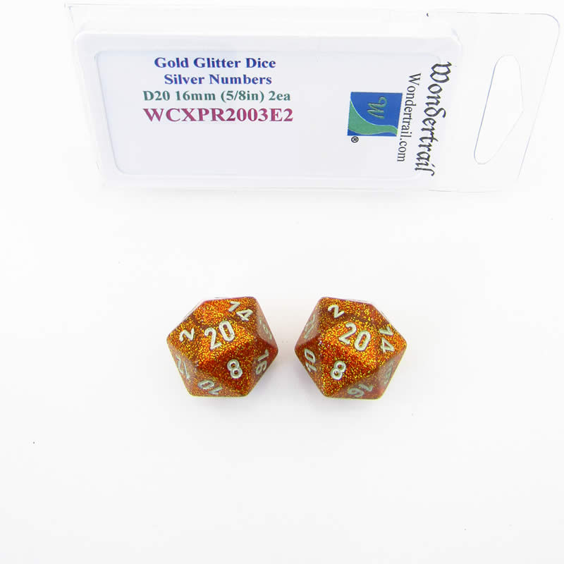 WCXPR2003E2 Gold Glitter Dice Silver Numbers D20 Aprox 16mm Pack of 2 Main Image