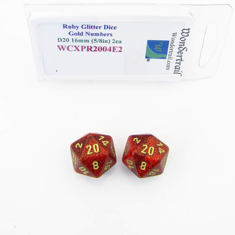 WCXPR2004E2 Ruby Glitter Dice with Gold Numbers D20 Aprox 16mm (5/8in) Pack of 2 Wondertrail Main Image