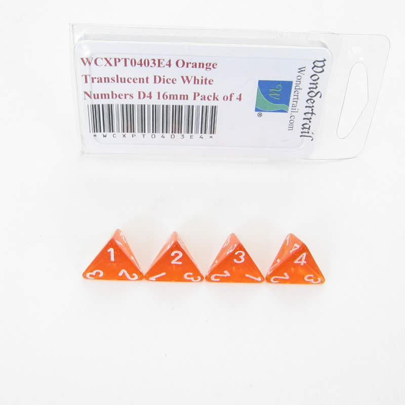 WCXPT0403E4 Orange Translucent Dice White Numbers D4 16mm Pack of 4 Main Image