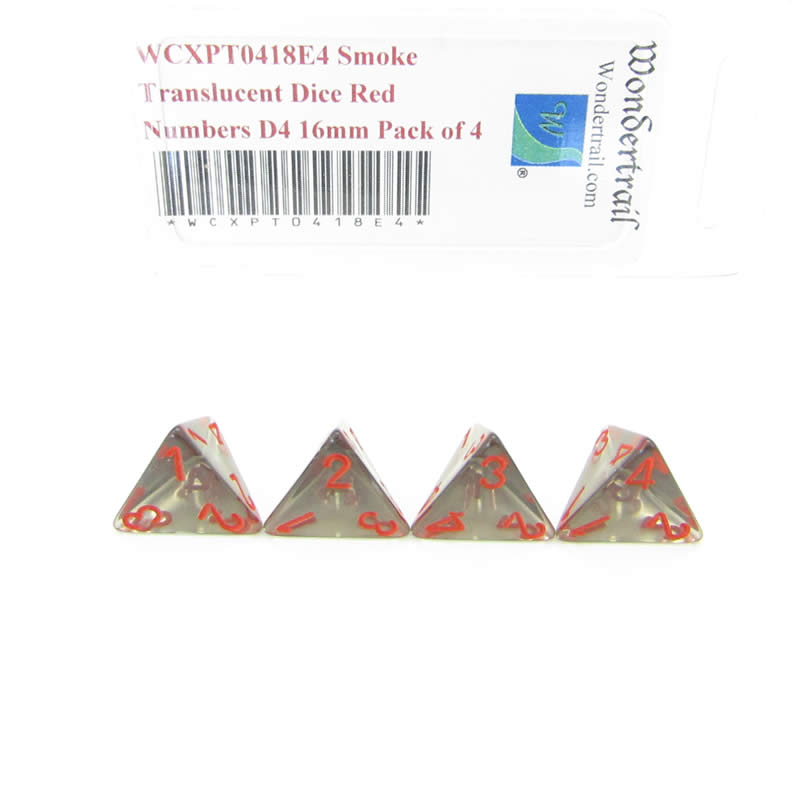 WCXPT0418E4 Smoke Translucent Dice Red Numbers D4 16mm Pack of 4 Main Image