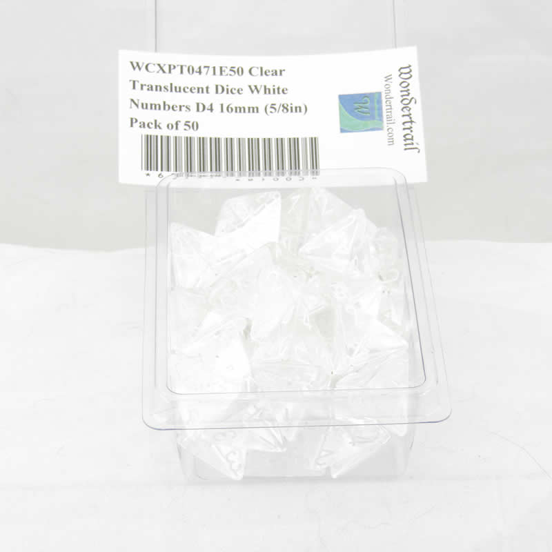 WCXPT0471E50 Clear Translucent Dice White Numbers D4 16mm (5/8in) Pack of 50 Main Image