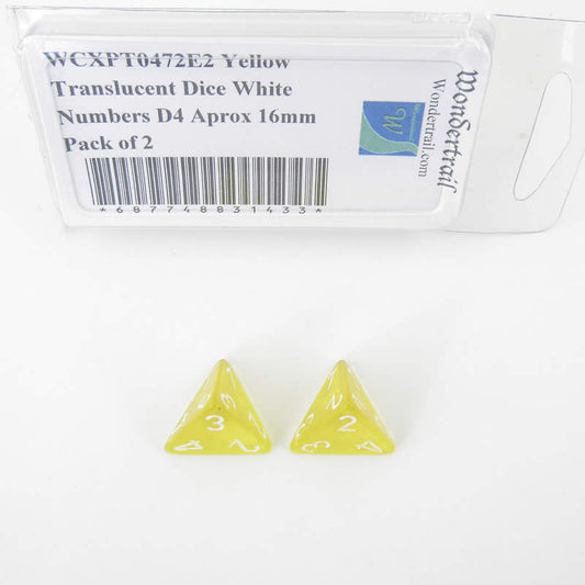 WCXPT0472E2 Yellow Translucent Dice White Numbers D4 Aprox 16mm Pack of 2 Main Image