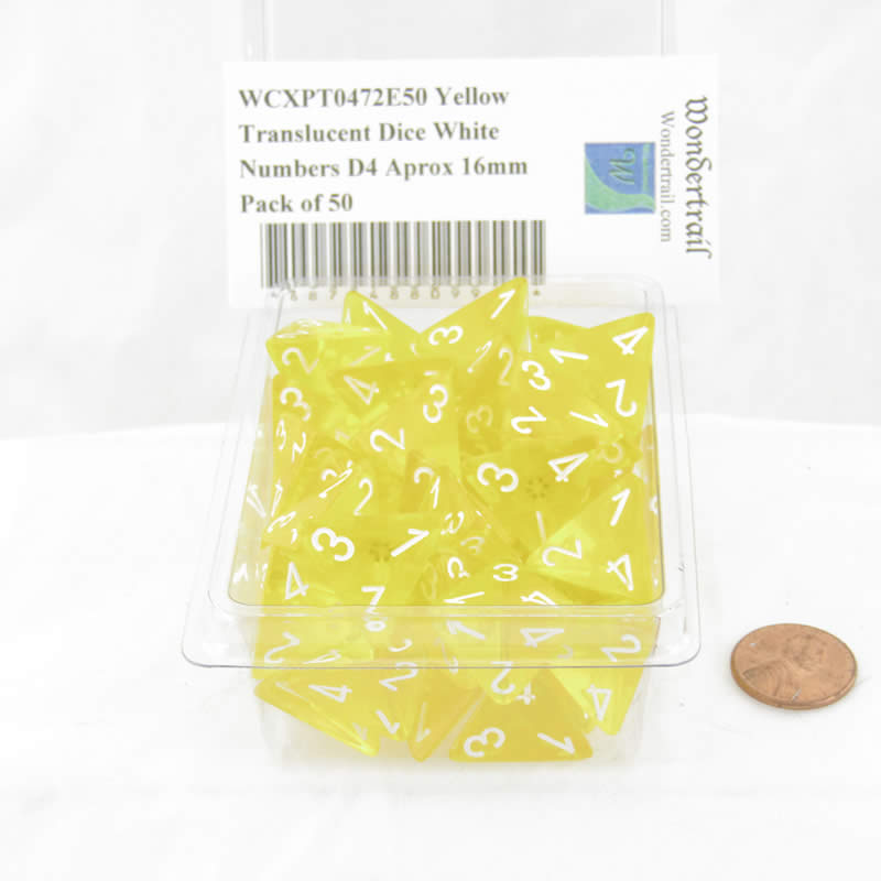 WCXPT0472E50 Yellow Translucent Dice White Numbers D4 Aprox 16mm Pack of 50 Main Image