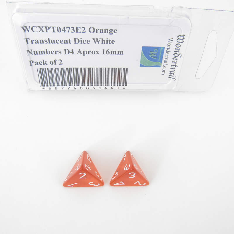 WCXPT0473E2 Orange Translucent Dice White Numbers D4 Aprox 16mm Pack of 2 Main Image