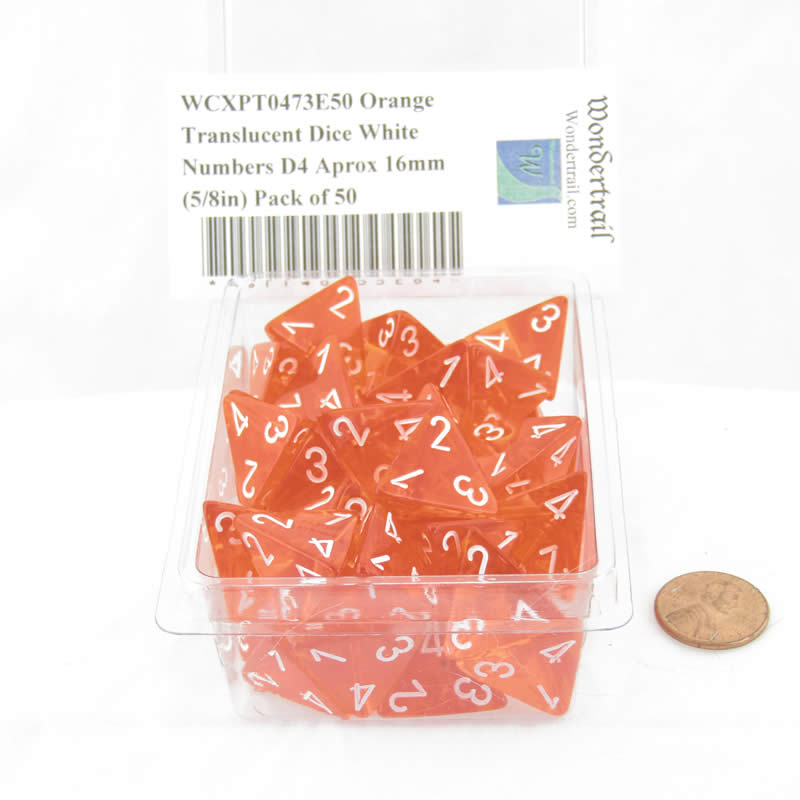 WCXPT0473E50 Orange Translucent Dice White Numbers D4 Aprox 16mm (5/8in) Pack of 50 Main Image