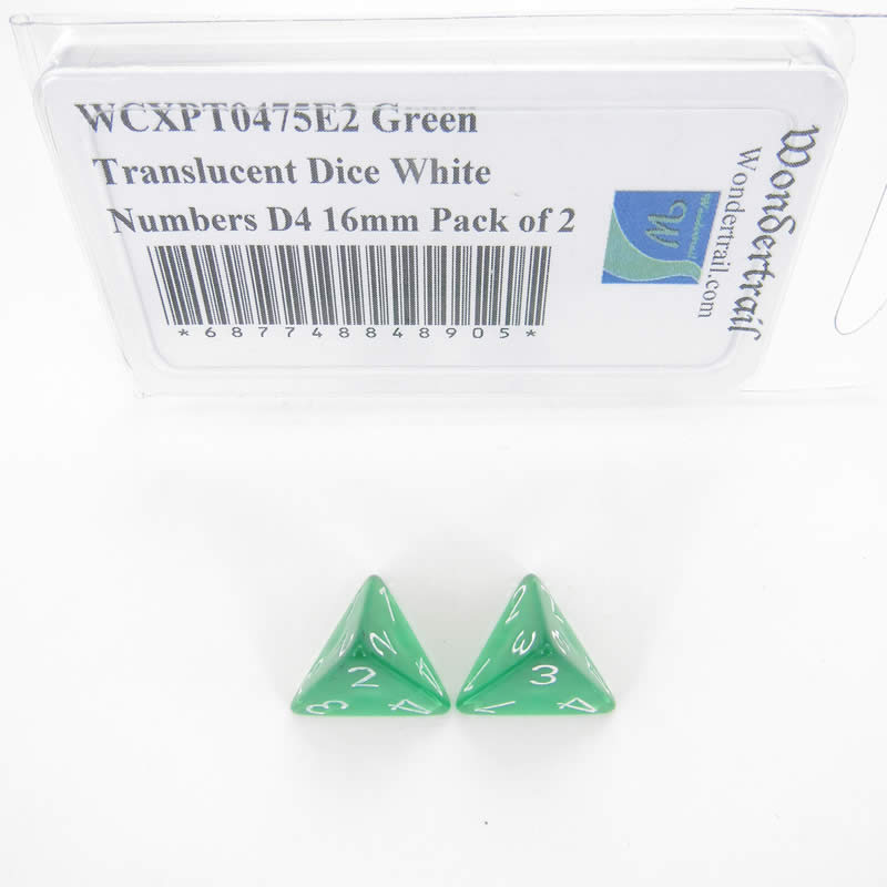 WCXPT0475E2 Green Translucent Dice White Numbers D4 16mm Pack of 2 Main Image