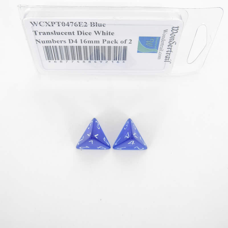 WCXPT0476E2 Blue Translucent Dice White Numbers D4 16mm Pack of 2 Main Image