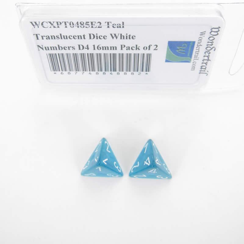 WCXPT0485E2 Teal Translucent Dice White Numbers D4 16mm Pack of 2 Main Image