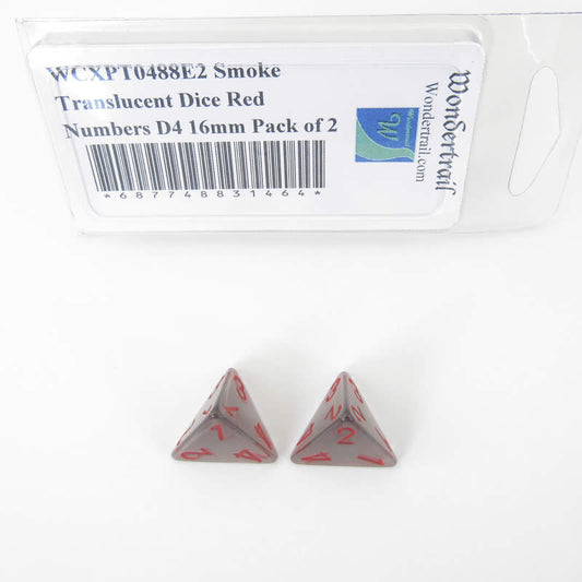 WCXPT0488E2 Smoke Translucent Dice Red Numbers D4 16mm Pack of 2 Main Image