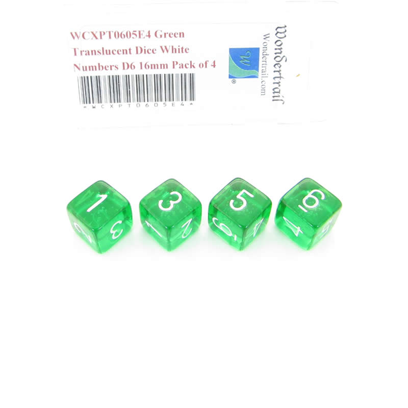 WCXPT0605E4 Green Translucent Dice White Numbers D6 16mm Pack of 4 Main Image