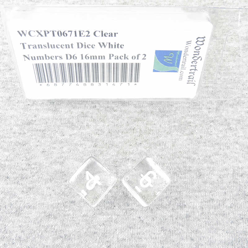 WCXPT0671E2 Clear Translucent Dice White Numbers D6 16mm Pack of 2 Main Image