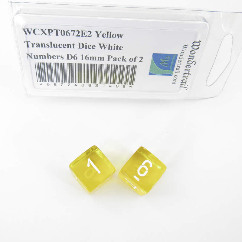 WCXPT0672E2 Yellow Translucent Dice White Numbers D6 16mm Pack of 2 Main Image