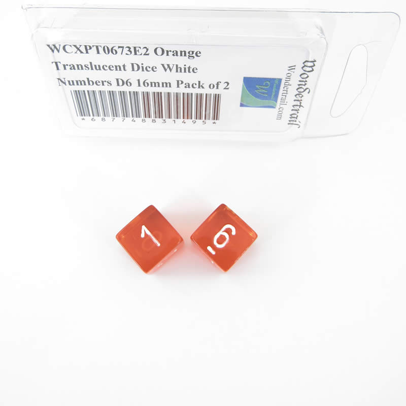 WCXPT0673E2 Orange Translucent Dice White Numbers D6 16mm Pack of 2 Main Image