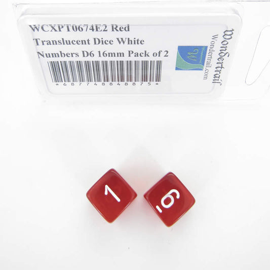 WCXPT0674E2 Red Translucent Dice White Numbers D6 16mm Pack of 2 Main Image