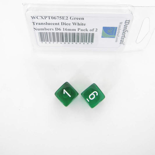 WCXPT0675E2 Green Translucent Dice White Numbers D6 16mm Pack of 2 Main Image