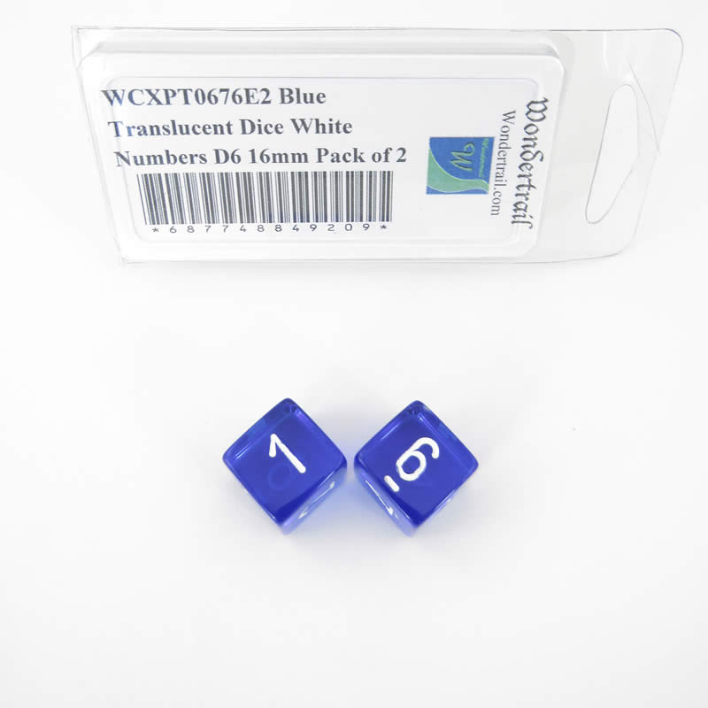 WCXPT0676E2 Blue Translucent Dice White Numbers D6 16mm Pack of 2 Main Image