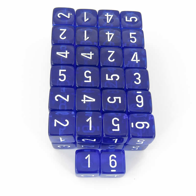 WCXPT0676E50 Blue Translucent Dice White Numbers D6 16mm Pack of 50 Main Image
