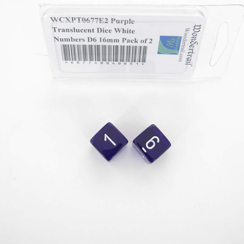 WCXPT0677E2 Purple Translucent Dice White Numbers D6 16mm Pack of 2 Main Image