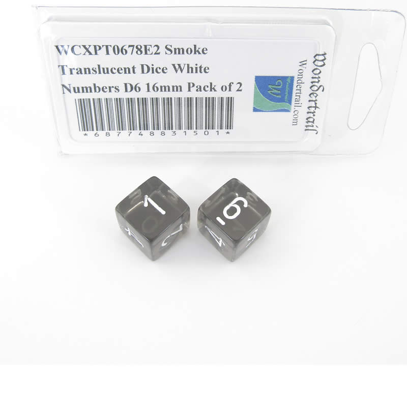 WCXPT0678E2 Smoke Translucent Dice White Numbers D6 16mm Pack of 2 Main Image