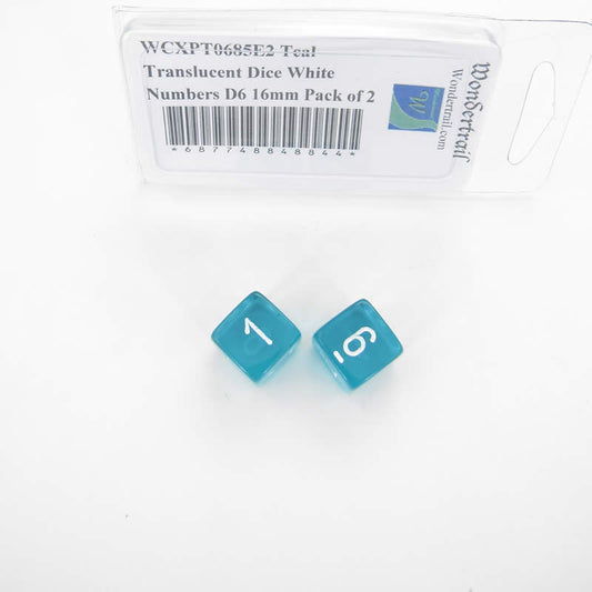 WCXPT0685E2 Teal Translucent Dice White Numbers D6 16mm Pack of 2 Main Image