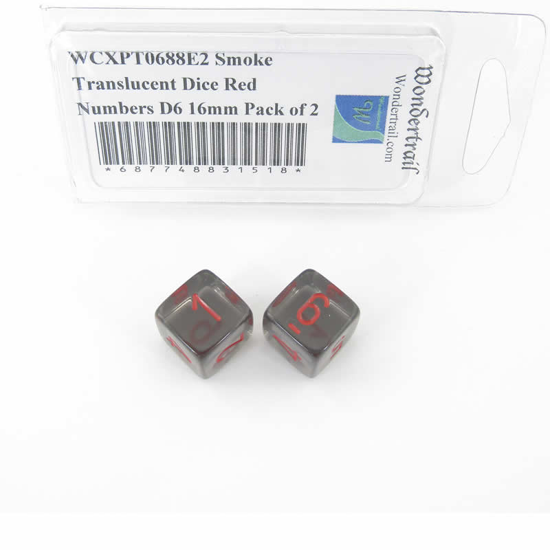WCXPT0688E2 Smoke Translucent Dice Red Numbers D6 16mm Pack of 2 Main Image