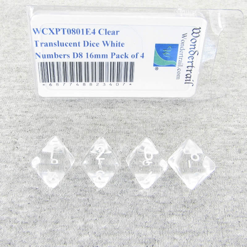 WCXPT0801E4 Clear Translucent Dice White Numbers D8 16mm Pack of 4 Main Image