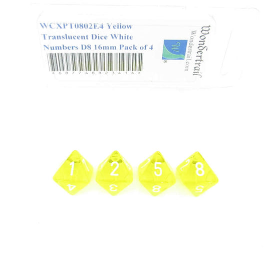 WCXPT0802E4 Yellow Translucent Dice White Numbers D8 16mm Pack of 4 Main Image
