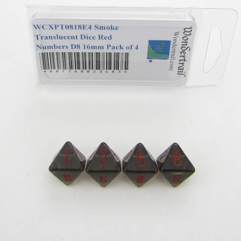 WCXPT0818E4 Smoke Translucent Dice Red Numbers D8 16mm Pack of 4 Main Image