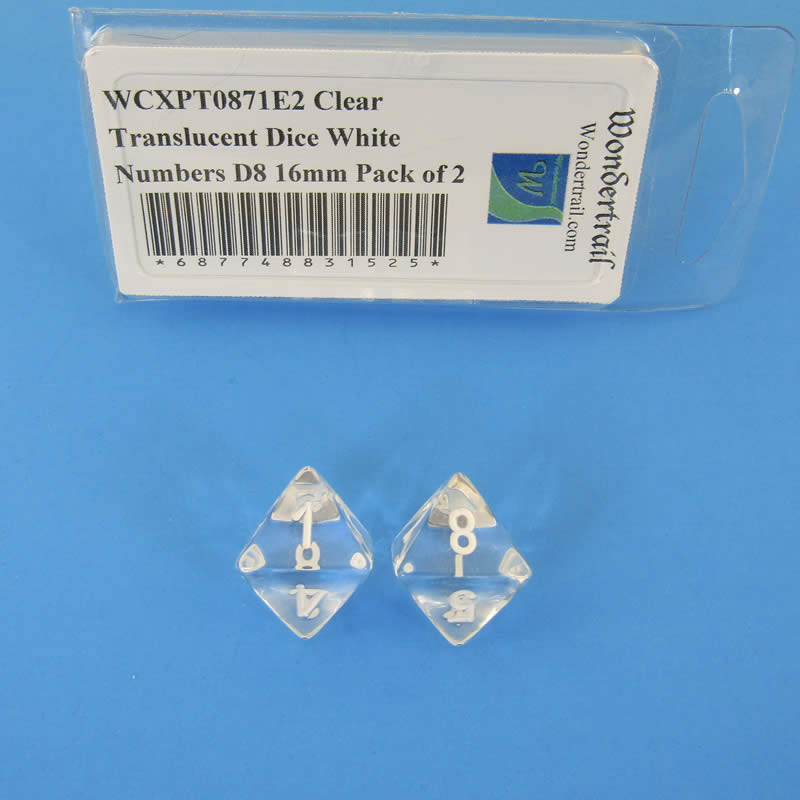 WCXPT0871E2 Clear Translucent Dice White Numbers D8 16mm Pack of 2 Main Image
