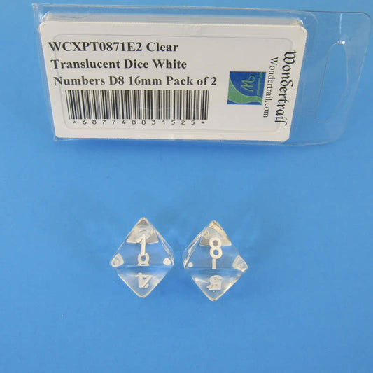 WCXPT0871E2 Clear Translucent Dice White Numbers D8 16mm Pack of 2 Main Image