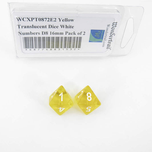 WCXPT0872E2 Yellow Translucent Dice White Numbers D8 16mm Pack of 2 Main Image