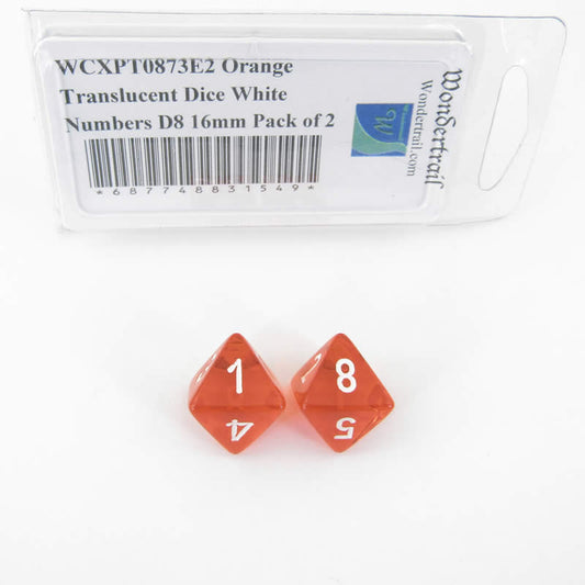 WCXPT0873E2 Orange Translucent Dice White Numbers D8 16mm Pack of 2 Main Image