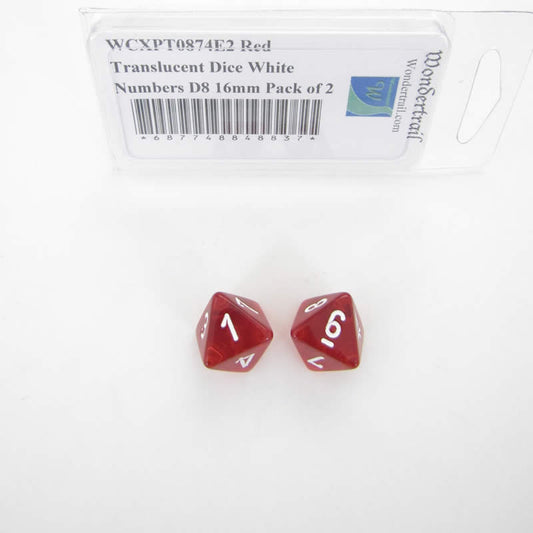 WCXPT0874E2 Red Translucent Dice White Numbers D8 16mm Pack of 2 Main Image