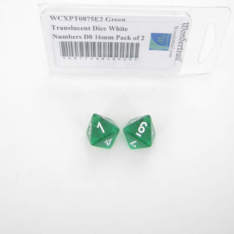 WCXPT0875E2 Green Translucent Dice White Numbers D8 16mm Pack of 2 Main Image