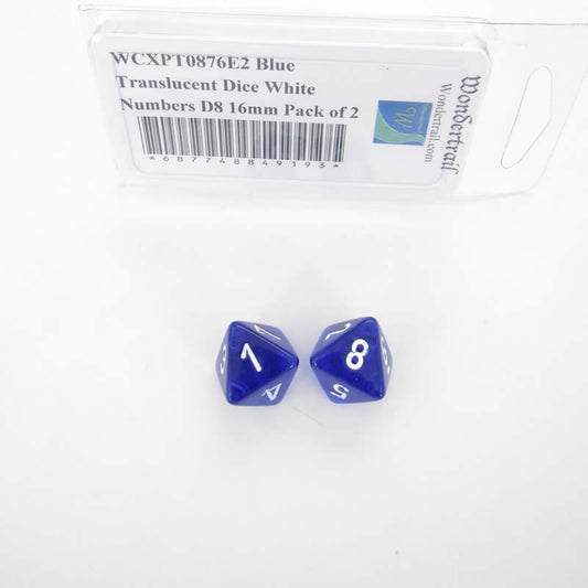 WCXPT0876E2 Blue Translucent Dice White Numbers D8 16mm Pack of 2 Main Image