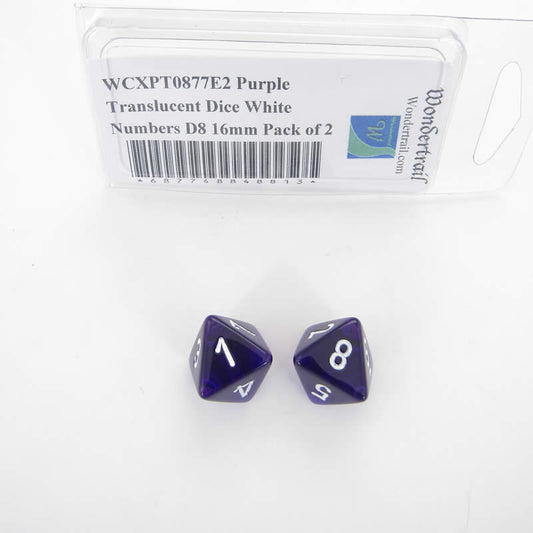 WCXPT0877E2 Purple Translucent Dice White Numbers D8 16mm Pack of 2 Main Image