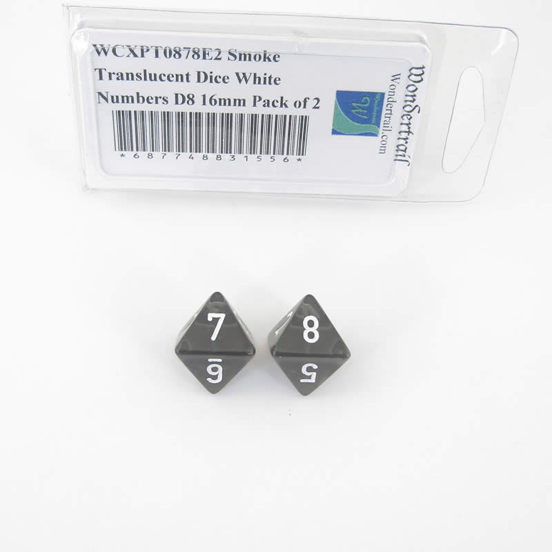 WCXPT0878E2 Smoke Translucent Dice White Numbers D8 16mm Pack of 2 Main Image