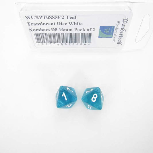 WCXPT0885E2 Teal Translucent Dice White Numbers D8 16mm Pack of 2 Main Image