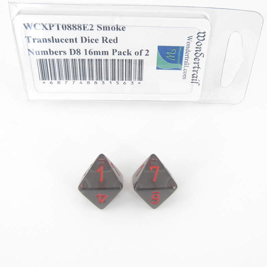 WCXPT0888E2 Smoke Translucent Dice Red Numbers D8 16mm Pack of 2 Main Image