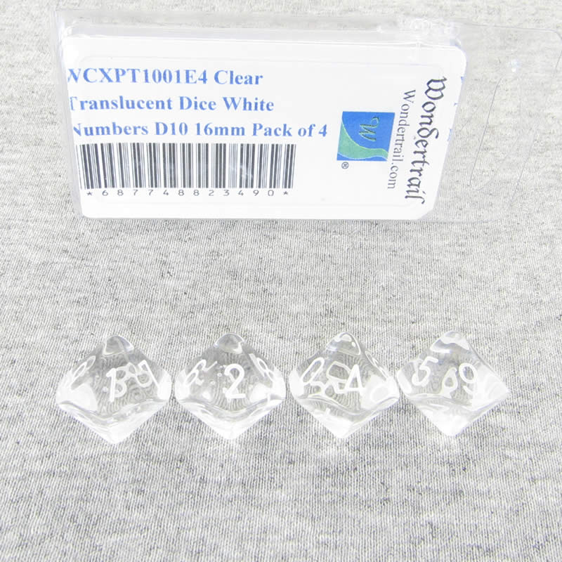 WCXPT1001E4 Clear Translucent Dice White Numbers D10 16mm Pack of 4 Main Image