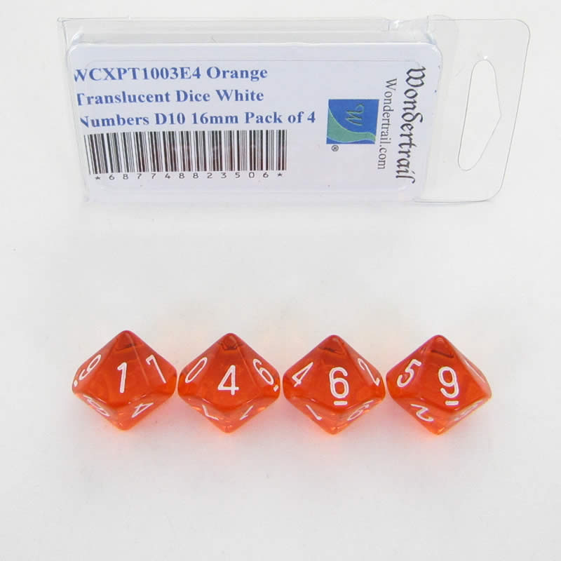 WCXPT1003E4 Orange Translucent Dice White Numbers D10 16mm Pack of 4 Main Image