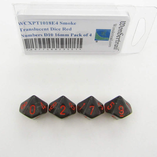 WCXPT1018E4 Smoke Translucent Dice Red Numbers D10 16mm Pack of 4 Main Image