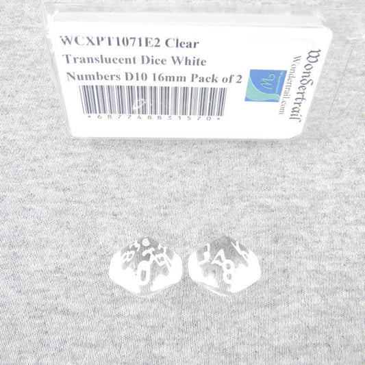 WCXPT1071E2 Clear Translucent Dice White Numbers D10 16mm Pack of 2 Main Image