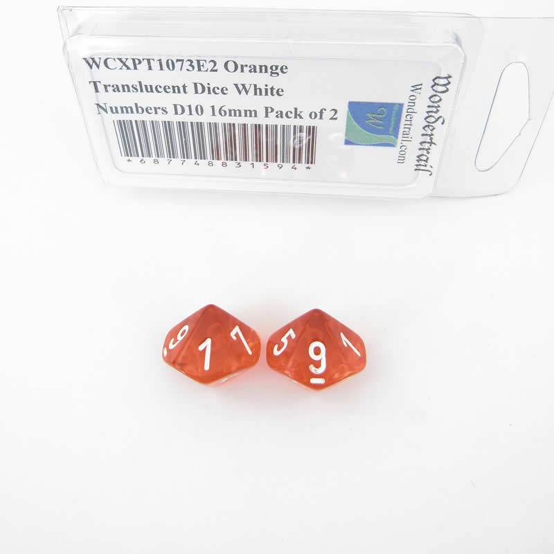WCXPT1073E2 Orange Translucent Dice White Numbers D10 16mm Pack of 2 Main Image