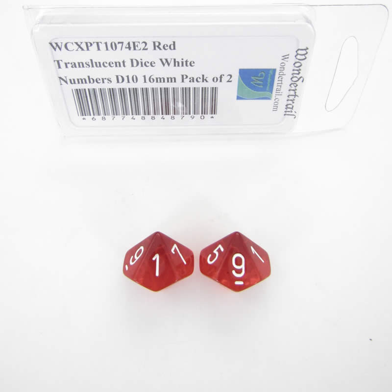 WCXPT1074E2 Red Translucent Dice White Numbers D10 16mm Pack of 2 Main Image