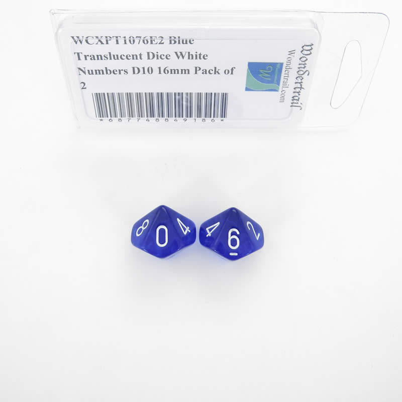 WCXPT1076E2 Blue Translucent Dice White Numbers D10 16mm Pack of 2 Main Image