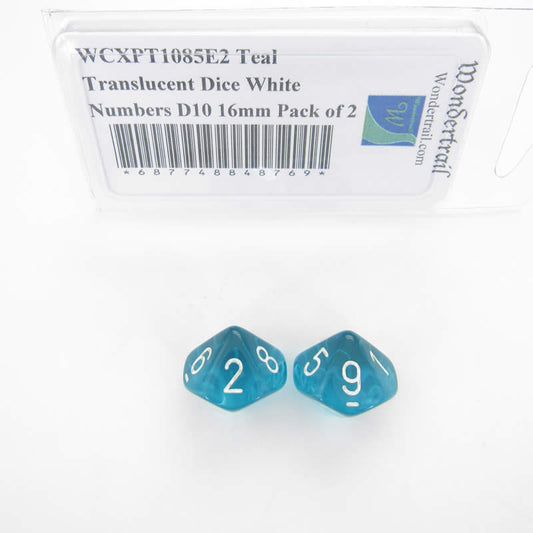 WCXPT1085E2 Teal Translucent Dice White Numbers D10 16mm Pack of 2 Main Image